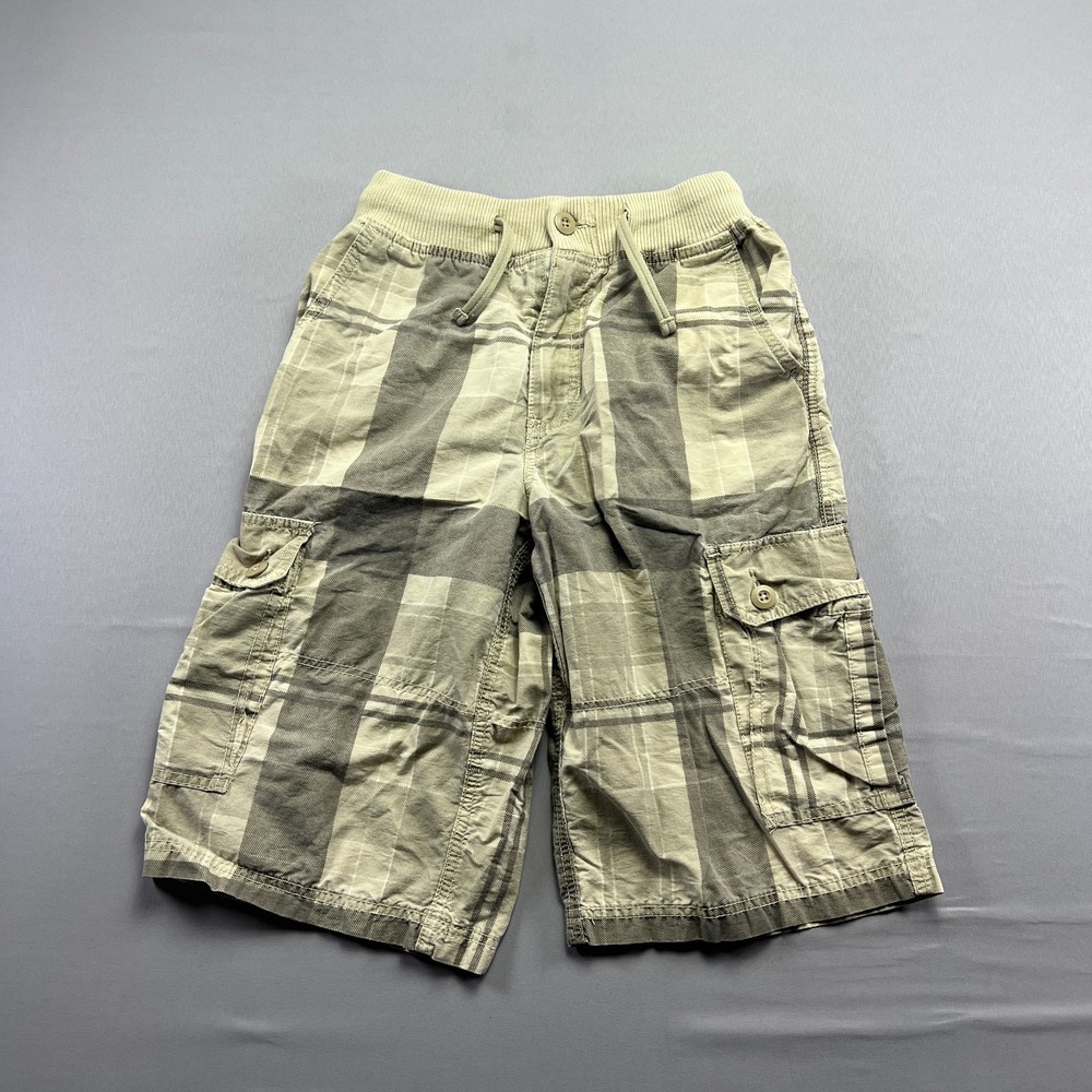 Urban Pipeline Cargo Shorts Kids L Beige Gray Plaid Drawstring Utility Pocket